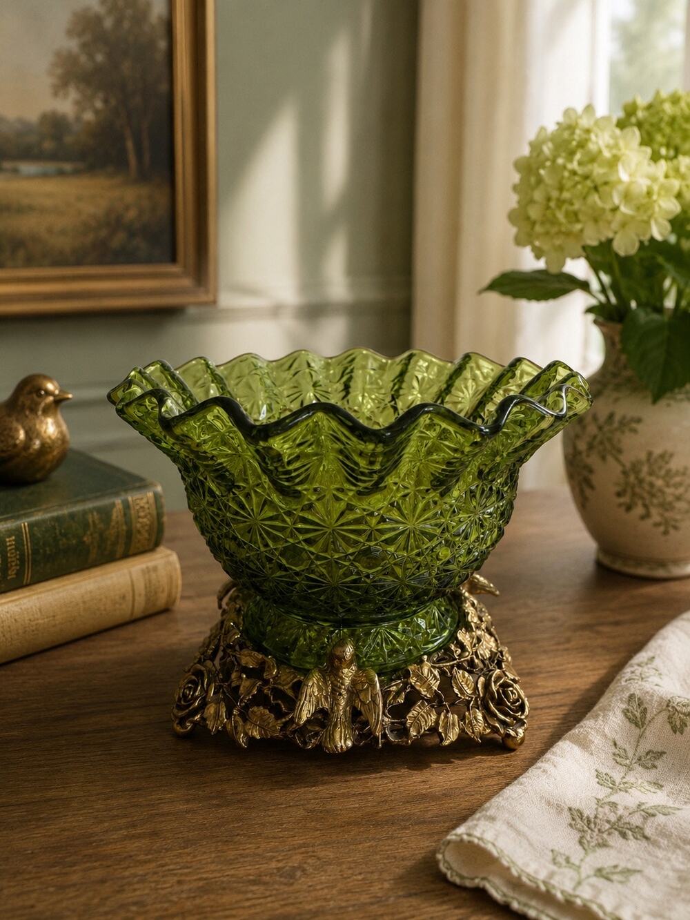 Vintage LE Smith Green Glass Candy Bowl Daisy & Button Ruffled Bird Base